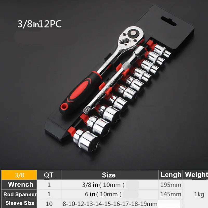 12-Pc Ratchet Socket Wrench Set 1/4" 3/8" 1/2" Drive Metric Ratchet Socket Wrench Set Axl B