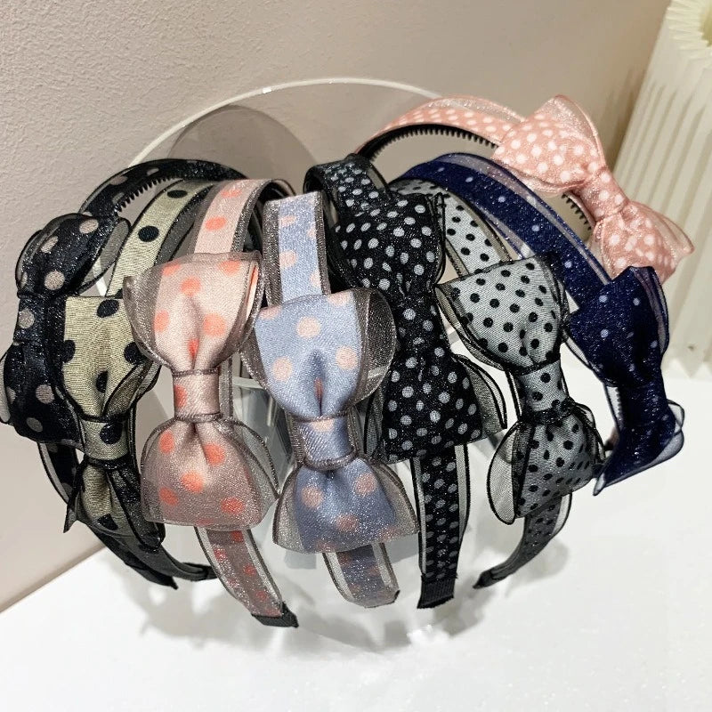 Vintage Polka Dot Organza Bow Headband – Sheer Mesh Hair Hoop Bow Hair Headband Axl