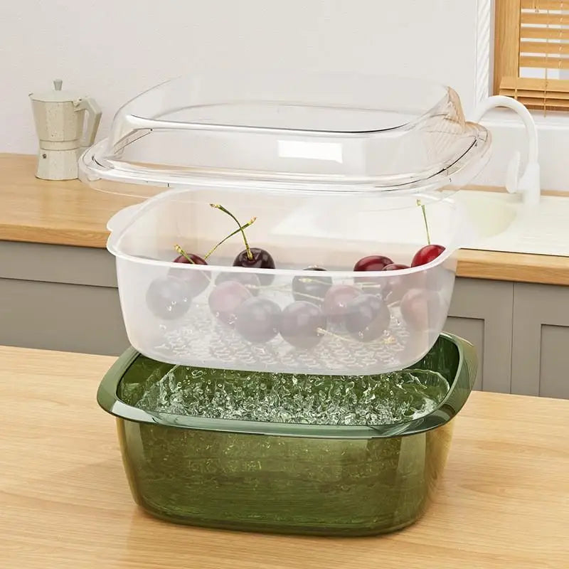 Double Layer Bamboo Fridge Storage Box with Drain Basket & Lid Food Storage Container Axl
