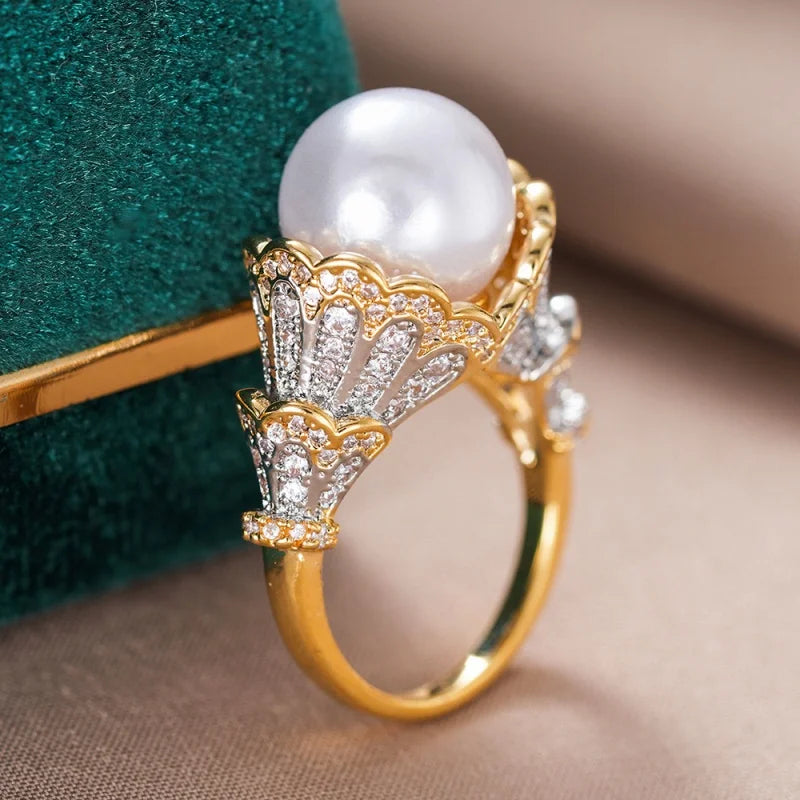 Huitan Imitation Pearl & CZ Engagement Ring for Women Fashion Ring Axl