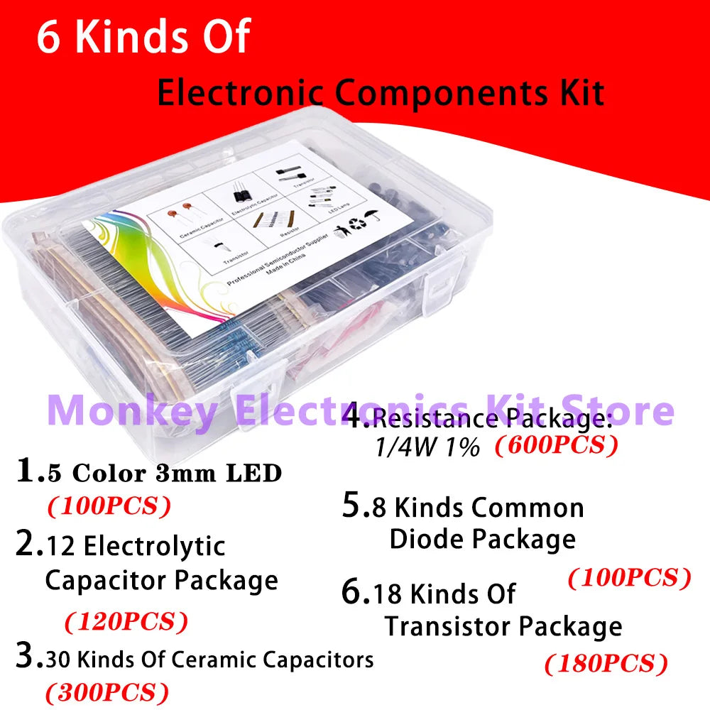 6-in-1 Electronic Components Kit – Resistors, LEDs, Diodes & More Electronic Components Kit Axl