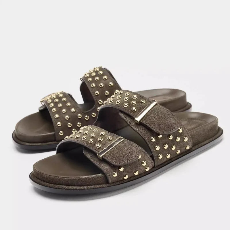 Women's Metal Rivet Flat Sandals – Slip-On Beach Slides Flat Sandals Axl khaki-green 41