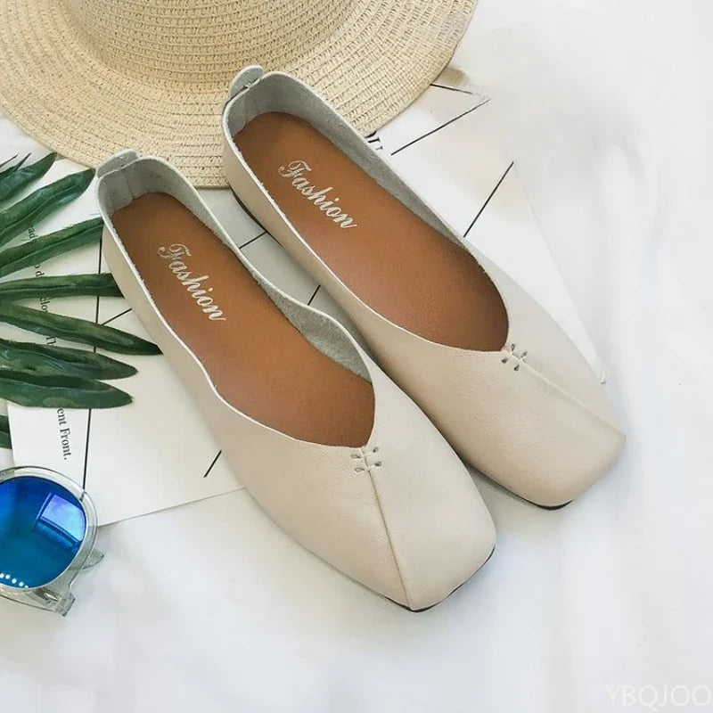 Women's Square Toe Slip-On Flats – Elegant Casual Shoes Women's Flat Shoes Axl 42 Beige