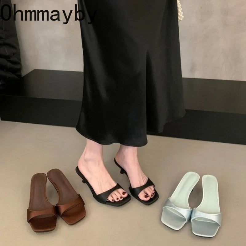 Women's Open Toe Silk Slide Slippers – Elegant Low Heel Mules Slide Slippers Axl