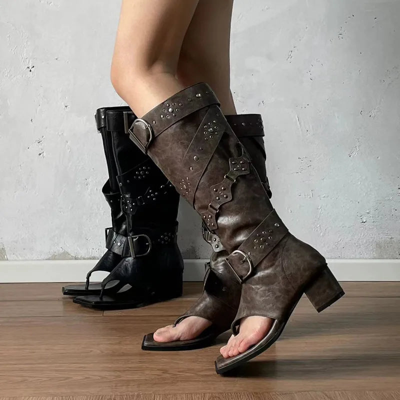 Women's Punk Knee High Boots – Rivet Buckle Square Toe Heels Knee High Boots Axl