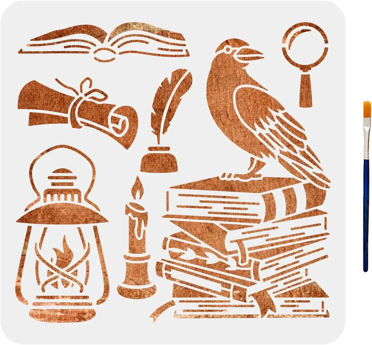 Crow & Book Stencil Set 11.8" – Raven, Candle & Pen Patterns Craft Stencil Set Axl AECH04-14289