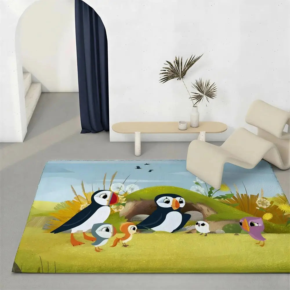 Kids Cartoon Puffin Flannel Floor Rug – Soft Non-Slip Indoor Mat Kids Floor Rug Axl White1 80x120cm