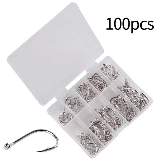 100 Pcs Barbed Fishing Hooks – Carbon Steel Carp & Sea Tackle Fishing Hooks Set Axl Silver