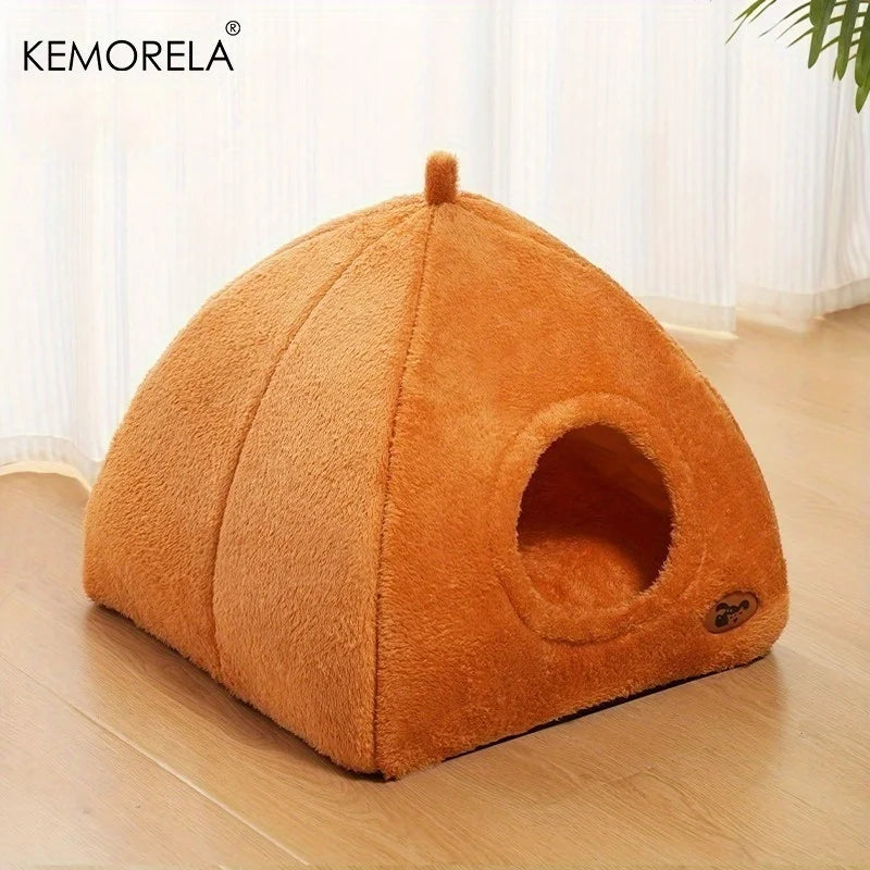 KEMORELA 2-in-1 Cat House Tent Bed – Washable Cushion Cat House Bed Axl Orange Yellow S