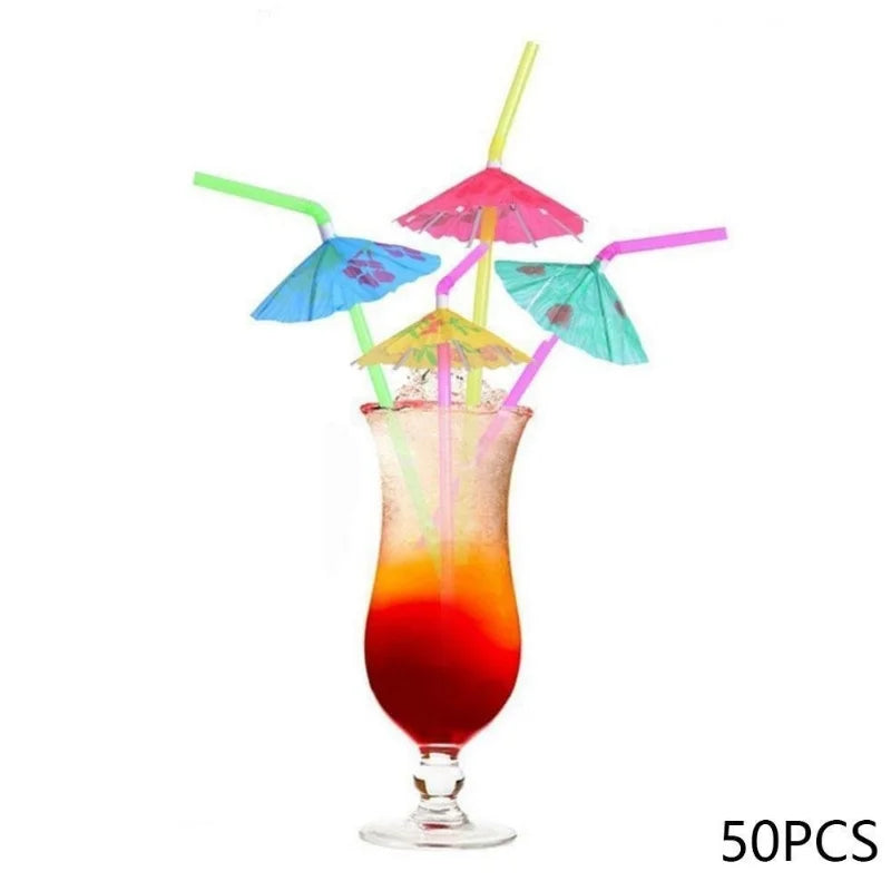 50 Cocktail Umbrella Straws – Tropical Party & Hawaiian BBQ Party Drinking Straws Axl 50pcs