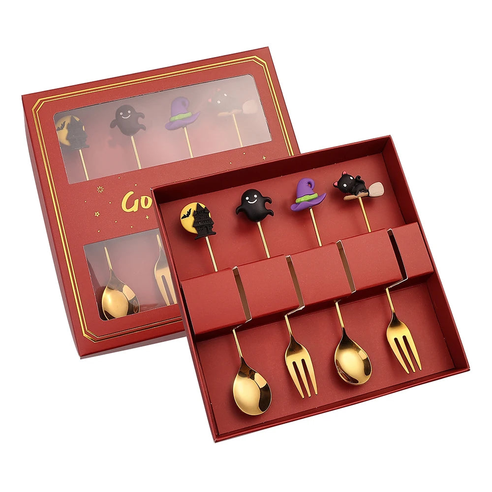 4-Piece Halloween Stainless Steel Spoon & Fork Set – Gift Box Flatware Gift Set Axl 4PCS Red Box C