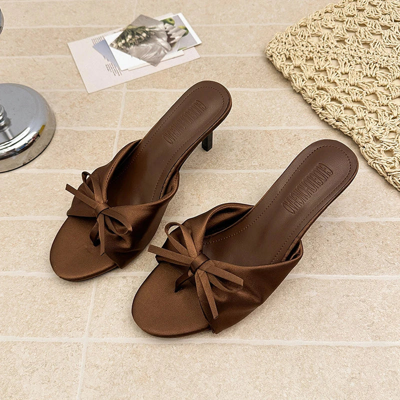 Satin Butterfly-Knot Women's High Heel Slippers | Clip Toe High Heel Slippers Axl Brown 35