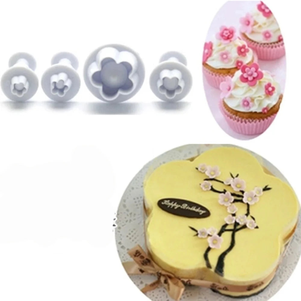 4-Piece Plum Flower Plunger Fondant Cutter Mold Set Fondant Cutter Set Axl