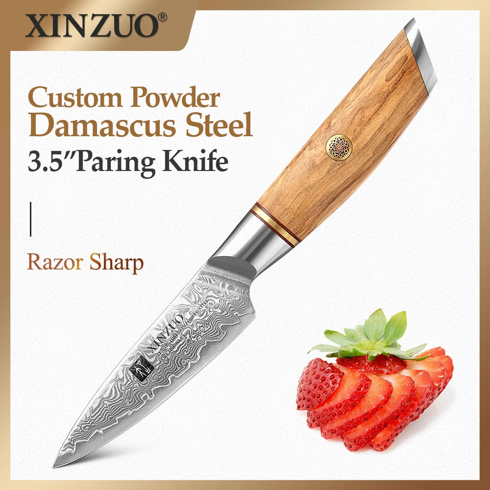 XINZUO Damascus Paring Knife 3.5" – 73-Layer Steel Olive Wood Damascus Paring Knife Axl