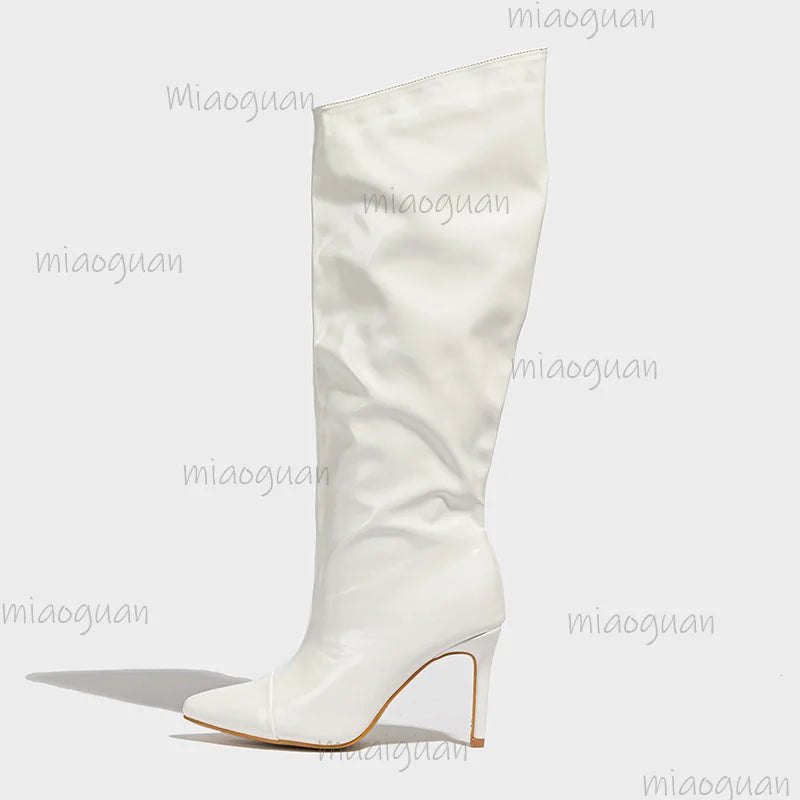 Women's Patent Leather Knee-High Stiletto Boots – Pointed Toe Knee-High Boots Axl