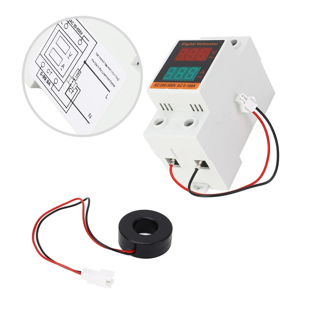 AC Ammeter & Voltmeter DIN Rail Digital Display 20-500V 100A Digital Panel Meter Axl