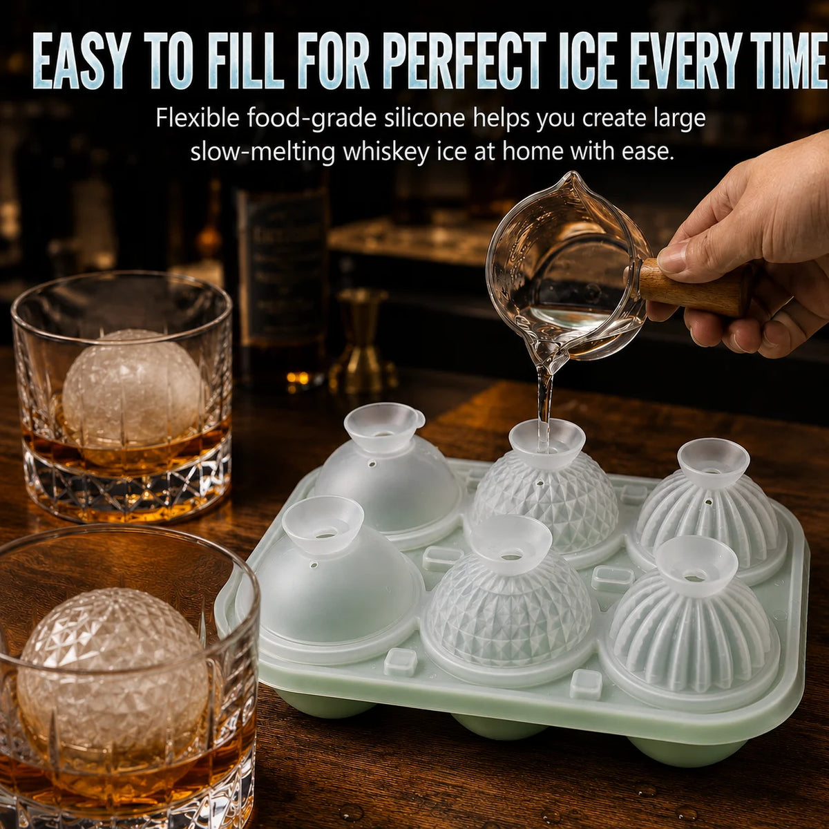 Large Whiskey Ice Ball Mold – 6 Cavity Sphere & Diamond Silicone Silicone Ice Ball Mold Axl