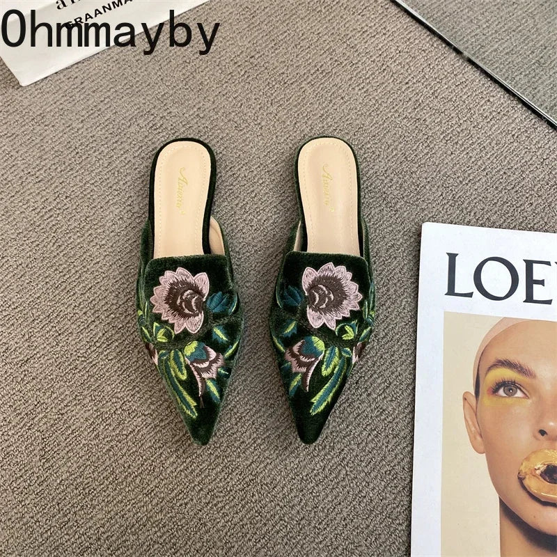 Women's Embroidery Pointed Toe Mule Slides – Elegant Flat Slippers Women's Mule Slides Axl