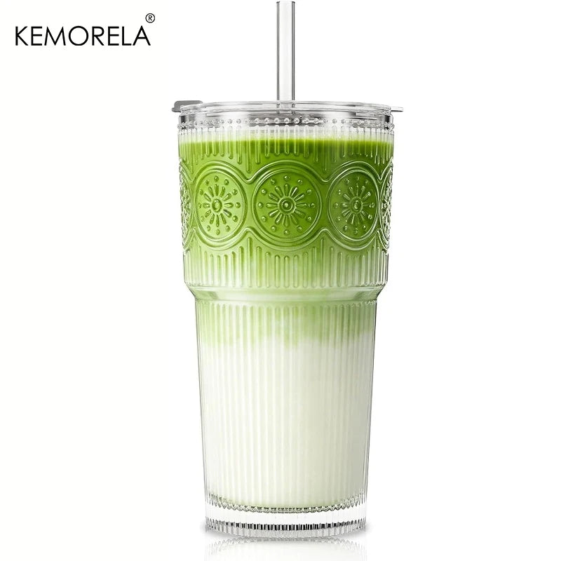 Ribbed & Floral Glass Cup with Lid & Straw 590ml | 1 or 2 Pack Glass Tumbler Set Axl 1PCS 590ML