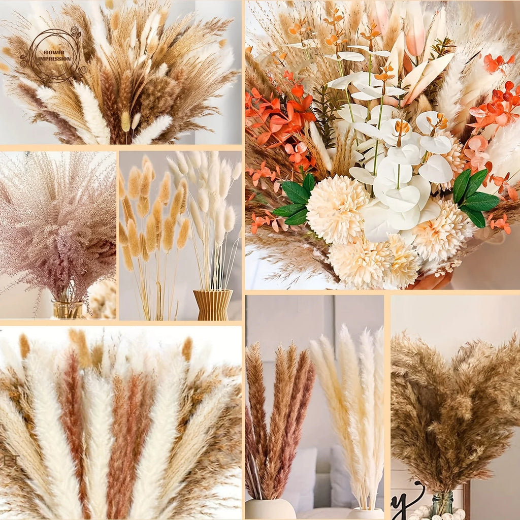 100pc Dried Pampas Grass Bouquet – Boho Home & Wedding Decor Dried Flower Bouquet Axl