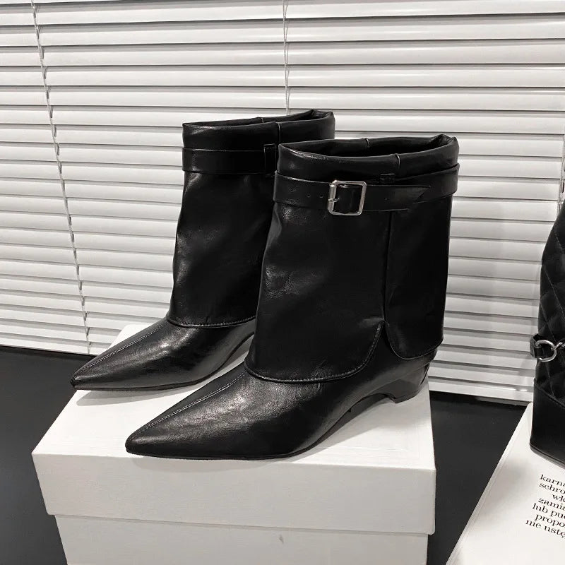 Women's Pointed Toe Block Heel Mid-Calf Boots | Metal Buckle Mid-Calf Boots Axl