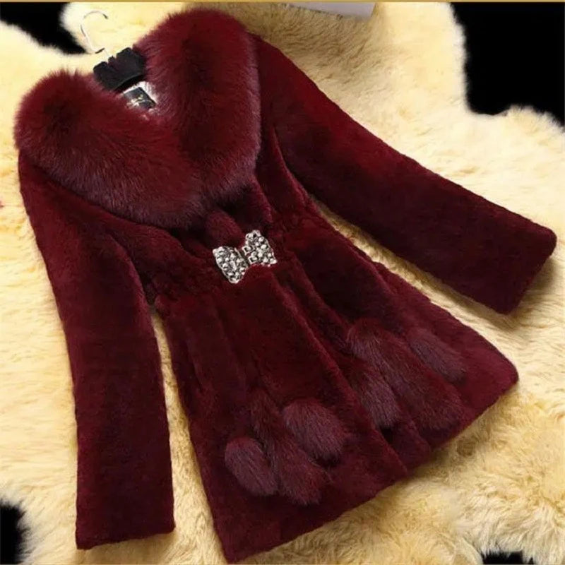 Women's Oversized Faux Fur Plush Winter Coat – Warm V-Neck Jacket Faux Fur Winter Coat Axl Wine red 5XL China Mainland