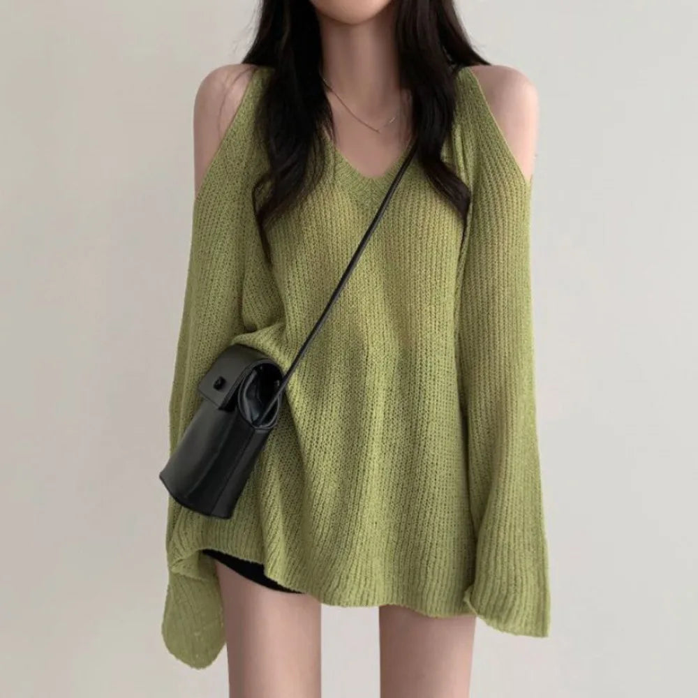 Women's Hollow Knit Crochet Pullover – Loose V-Neck Long Top Knit Pullover Top Axl Green One Size