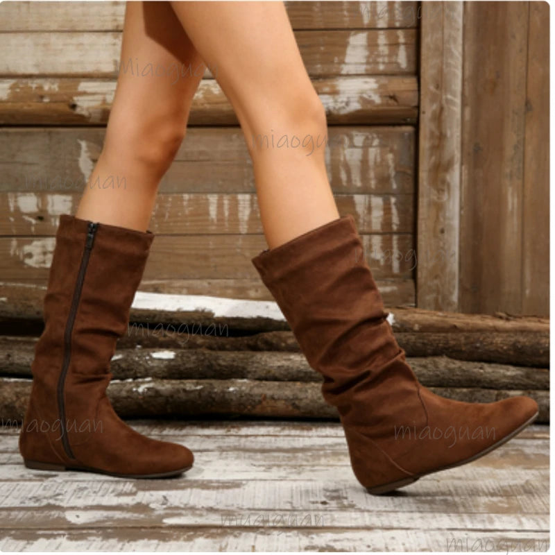 Women's Mid-Calf Flat Boots | Side Zipper Plus Size Suede Women's Mid-Calf Boots Axl