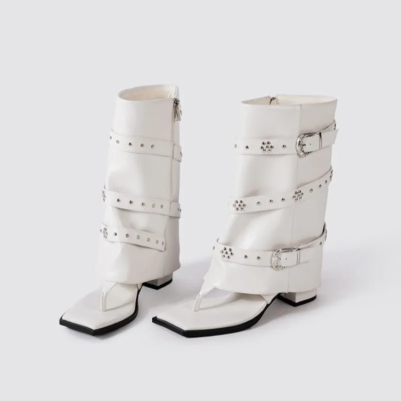 Women's Punk Mid-Calf Boots – Metal Decor Square Heel Leather Mid-Calf Boots Axl White 39