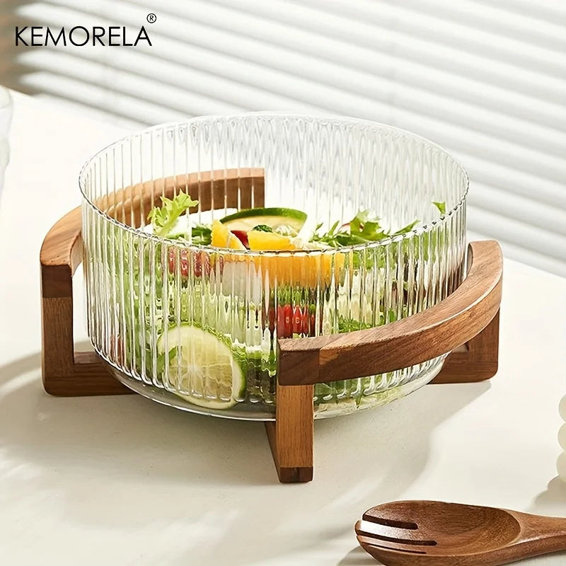 KEMORELA Striped Glass Bowl with Wooden Stand | Salad & Fruit Glass Serving Bowl Axl