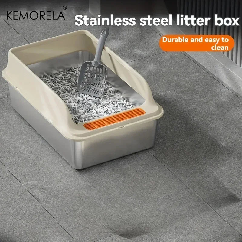 KEMORELA XL Stainless Steel Cat Litter Box with Anti-Splash Mat Cat Litter Box Axl