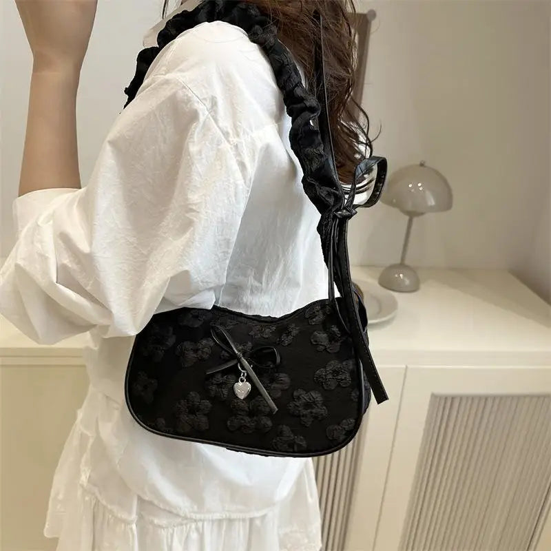 Bow Floral Pleated Crescent Crossbody Bag | Women's Handbag Crossbody Shoulder Bag Axl