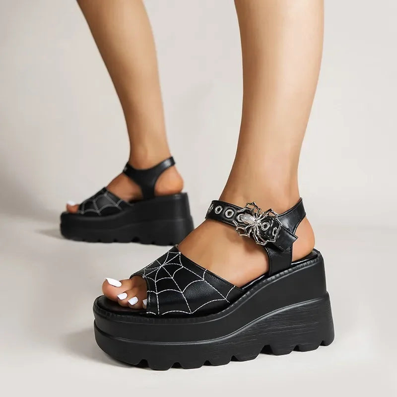 Women's Wedge Platform Sandals – Buckle Strap Punk Style Wedge Platform Sandals Axl Matte Black 43