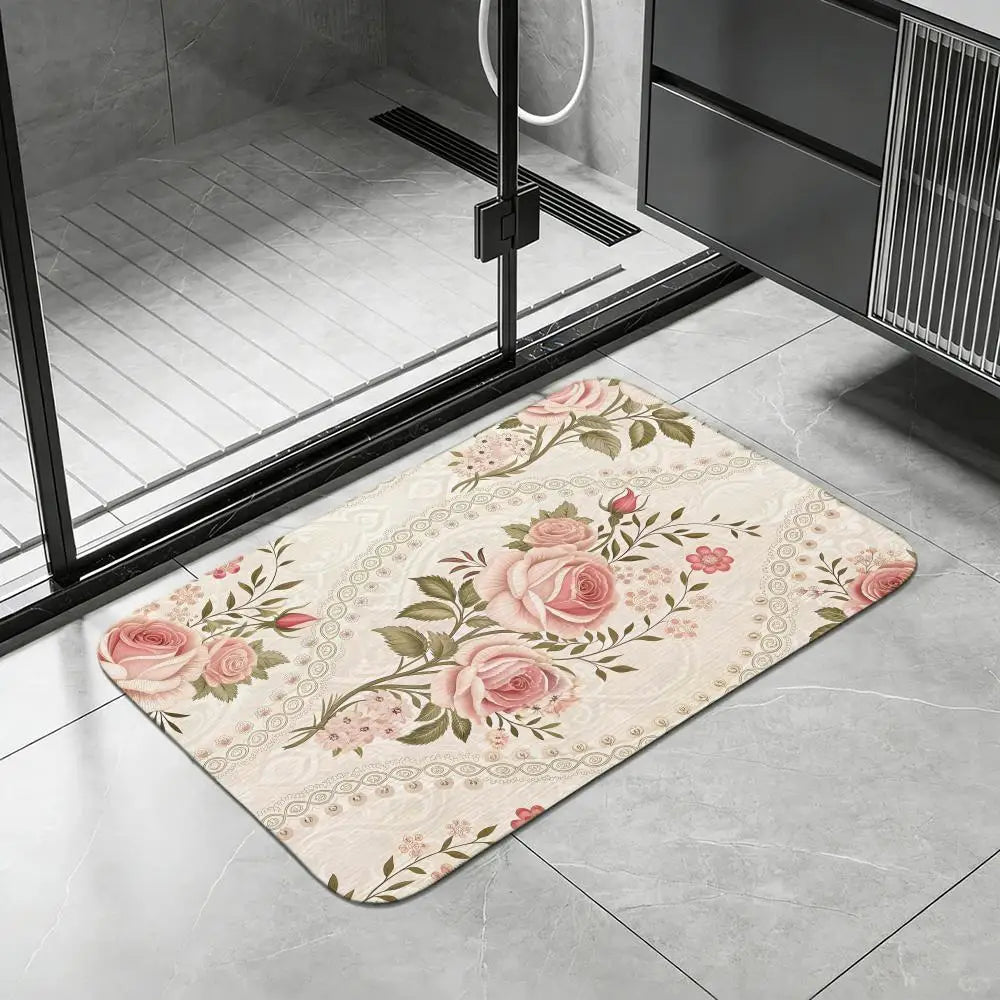 Rococo Floral Diatomite Bath Mat – Quick Dry & Anti-Slip Diatomite Bath Mat Axl White3 50x80cm
