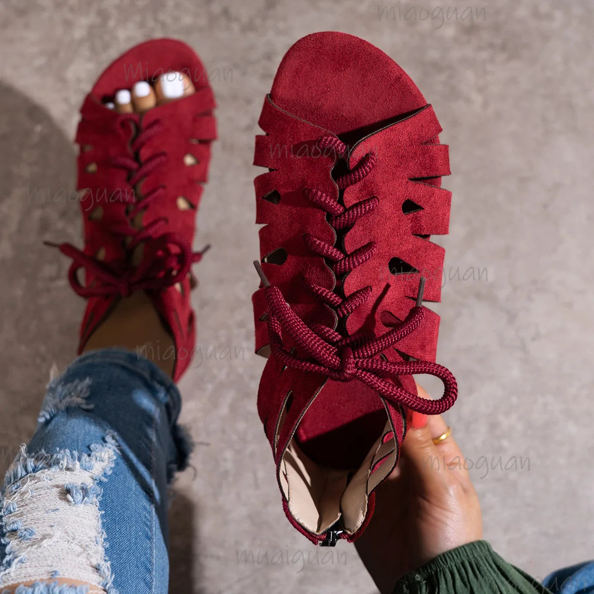 Women's Retro Lace-Up Flat Sandals – Hollow Roman Beach Shoes Flat Sandals Axl