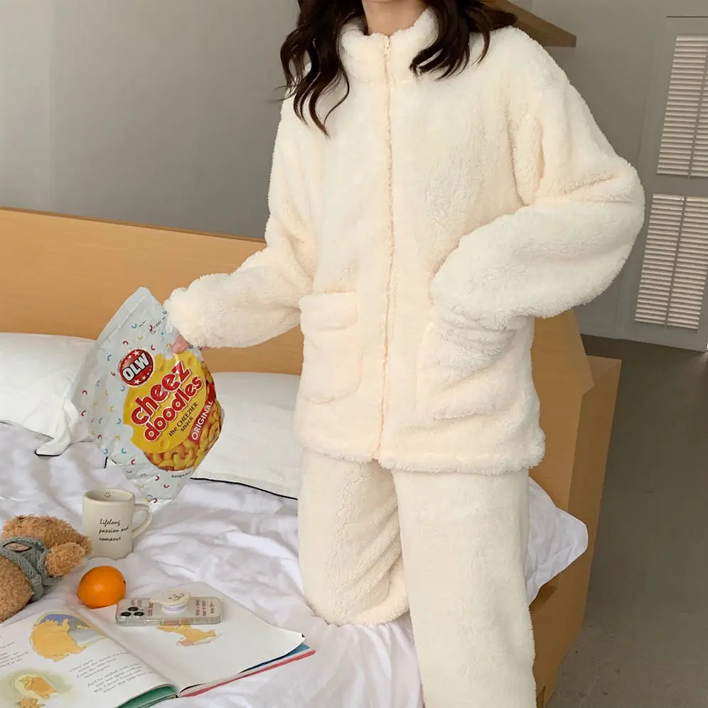 Women's Winter Fleece Pajama Set – Zip-Up Turtleneck Sleepwear Women's Pajama Set Axl white sets XL