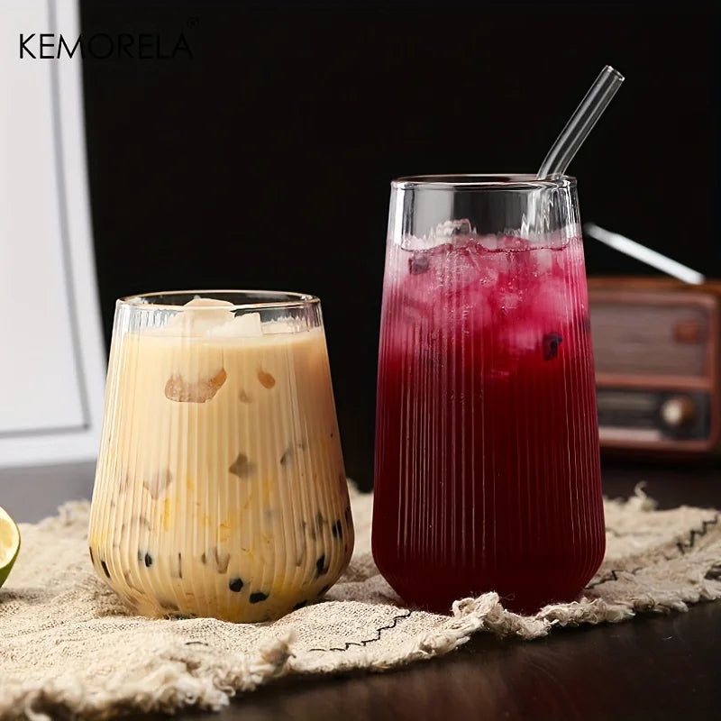 KEMORELA Vertical Striped Glass with Lid & Straw | 1 or 2 Pack Striped Drinking Glass Axl