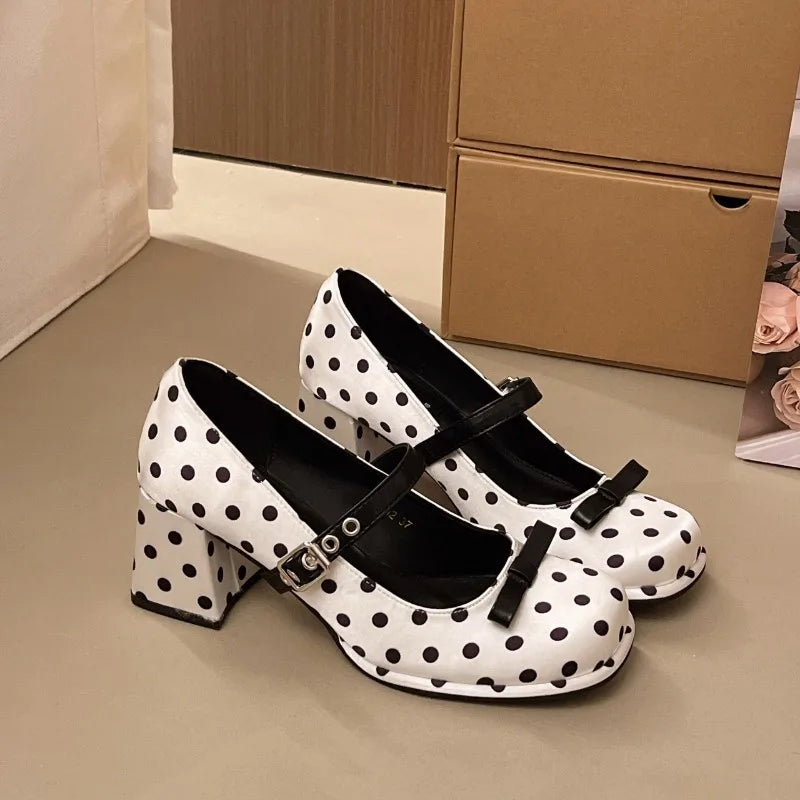 Vintage Polka Dot Mary Jane Pumps | Women's Square Heel Shoes Mary Jane Pumps Axl Beige 39
