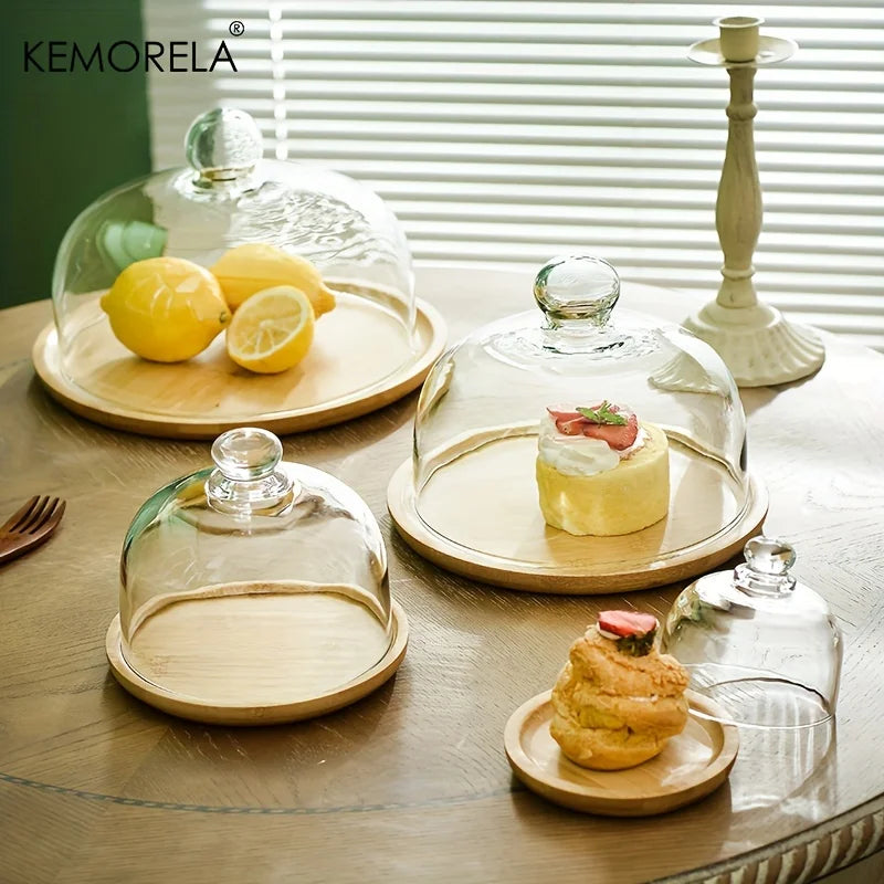 KEMORELA Bamboo Cake Stand with Clear Glass Lid | Dustproof Bamboo Cake Stand Axl