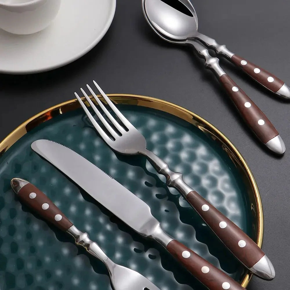 Stainless Steel Cutlery Set – Black Wood Handle Fork Spoon Knife Cutlery Flatware Set Axl