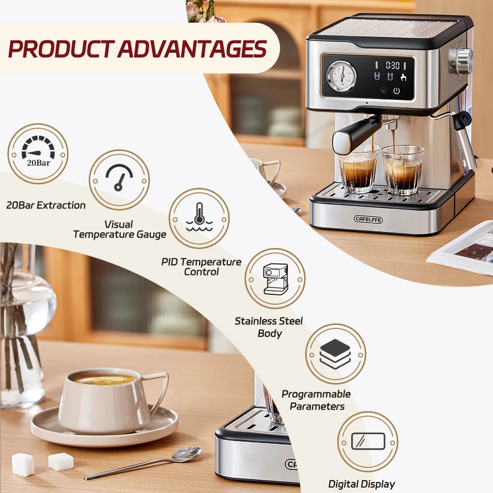 Cafelffe 20Bar Semi-Auto Espresso Machine & Milk Frother Espresso Machine Axl