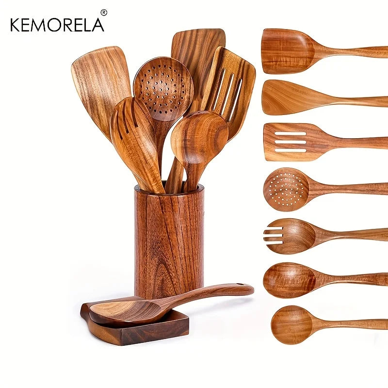 9-Piece Teak Wooden Kitchen Utensils Set with Holder Kitchen Utensil Set Axl