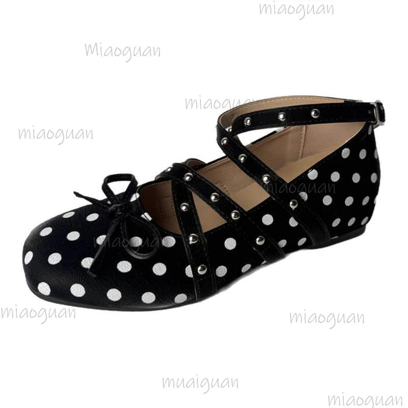 Women's Polka Dot Mary Jane Flats | Square Toe Bow Buckle Mary Jane Flats Axl