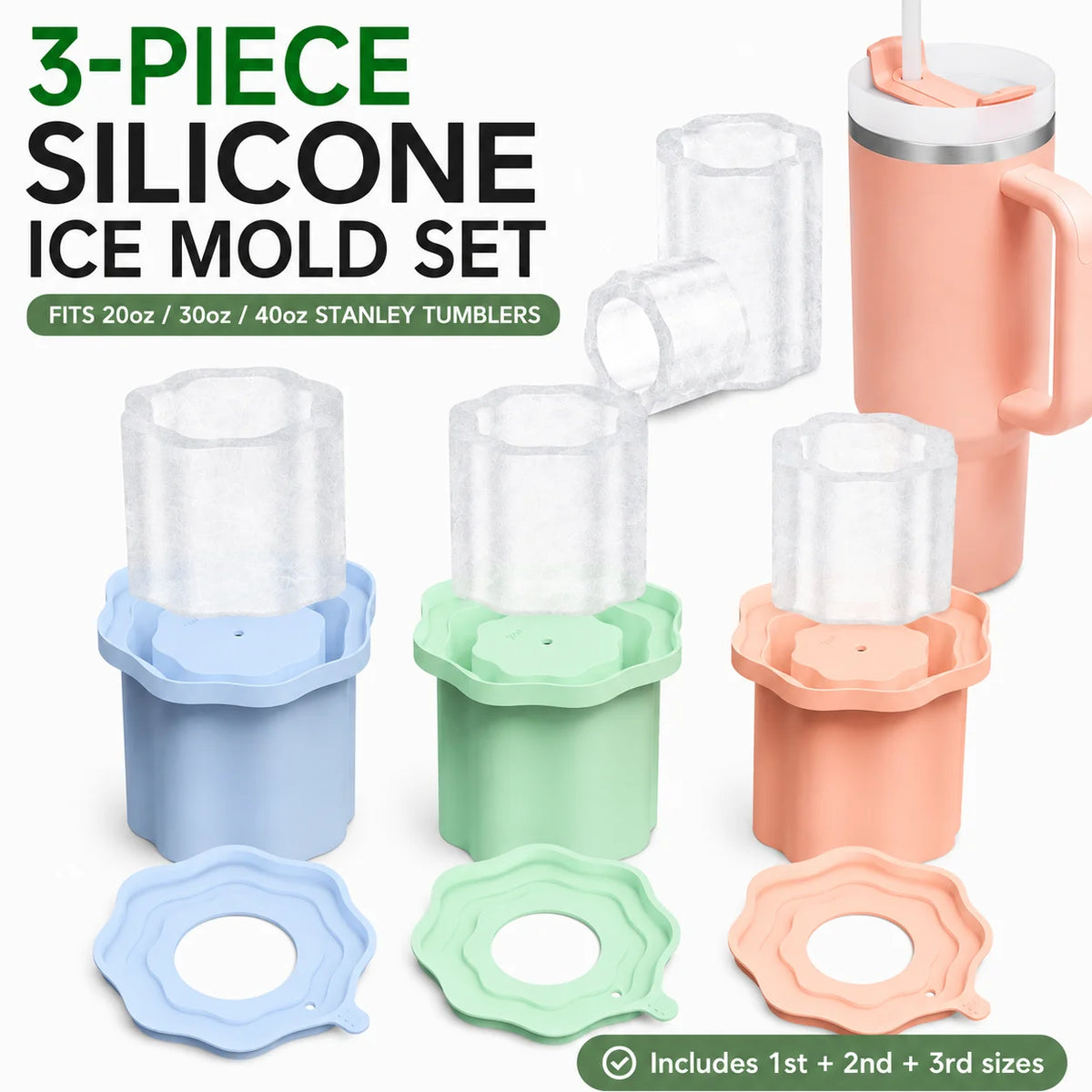 3-Piece Hollow Cylinder Ice Mold for 20–40oz Tumblers & Lids Silicone Ice Mold Axl