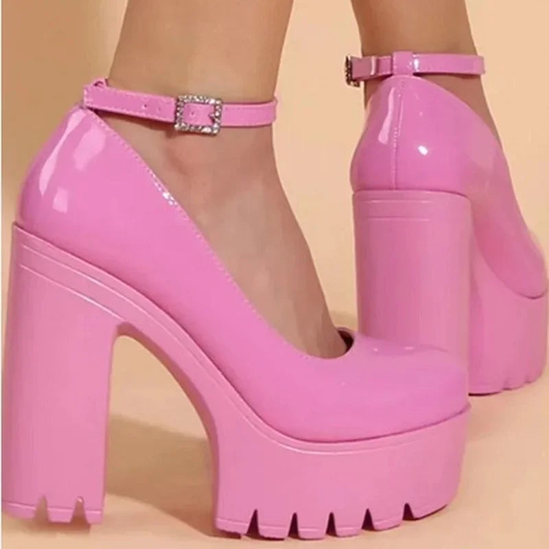 Pink Chunky Platform Pumps – Ankle Strap Square Heel Women Platform Pumps Axl