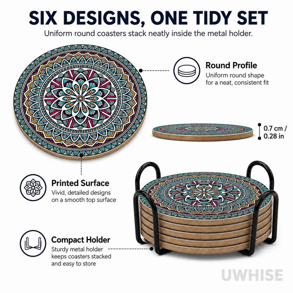 6-Piece Boho Mandala Ceramic Coasters Set with Holder Ceramic Coaster Set Axl