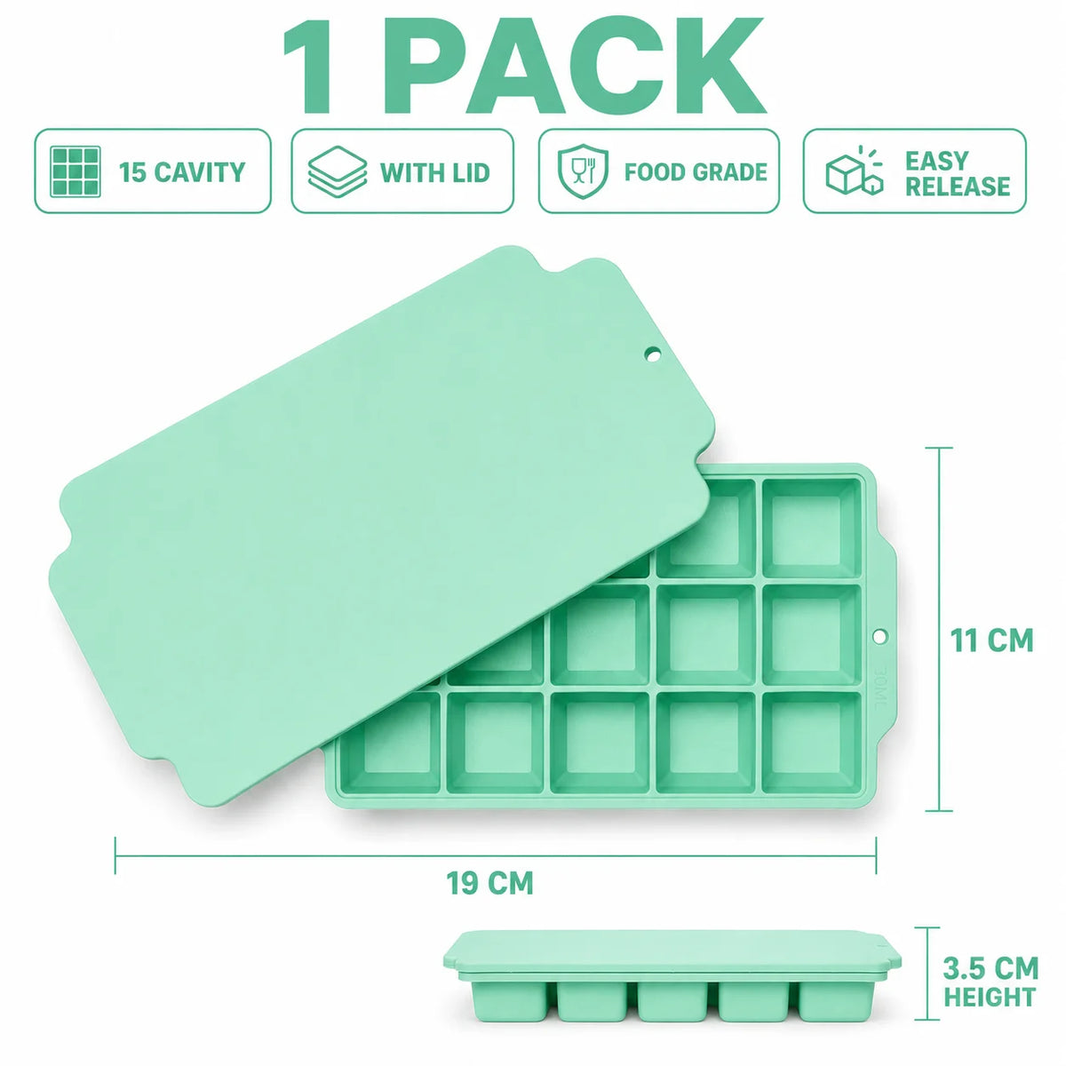 15-Grid Silicone Ice Cube Tray with Lid | Large Square Ice Mold Silicone Ice Cube Tray Axl 1 Pack Green