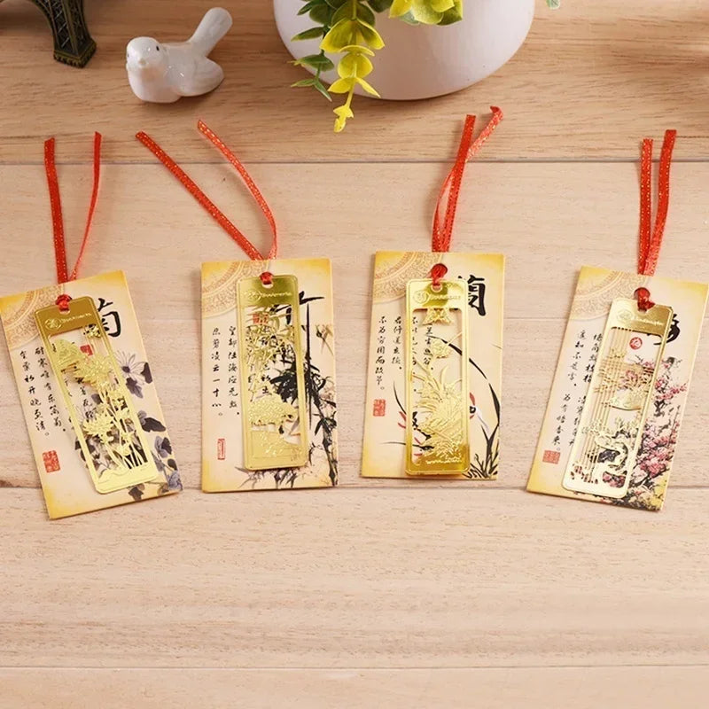 Chinese Style Metal Hollow Bookmarks with Red Knot | Gift Set Metal Bookmarks Axl