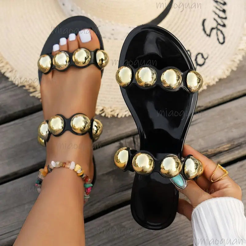 Women's Flat Slide Sandals – Metal Rivet Non-Slip Beach Slippers Flat Slide Sandals Axl
