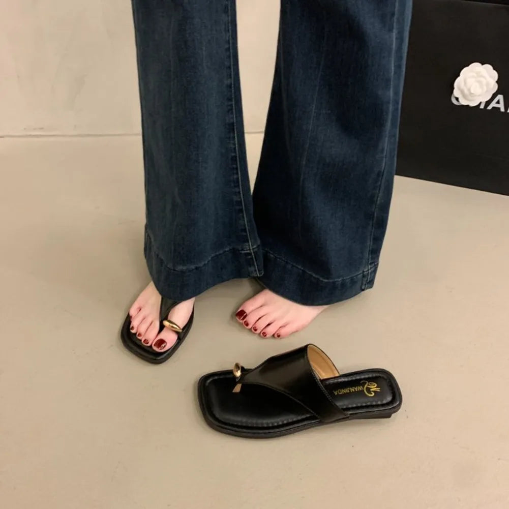 Women's Square Toe Flip Flops – Faux Leather Flat Thong Sandals Flat Thong Sandals Axl